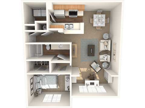 Floor plan for 1 bed, 1 bath, 859 sqft